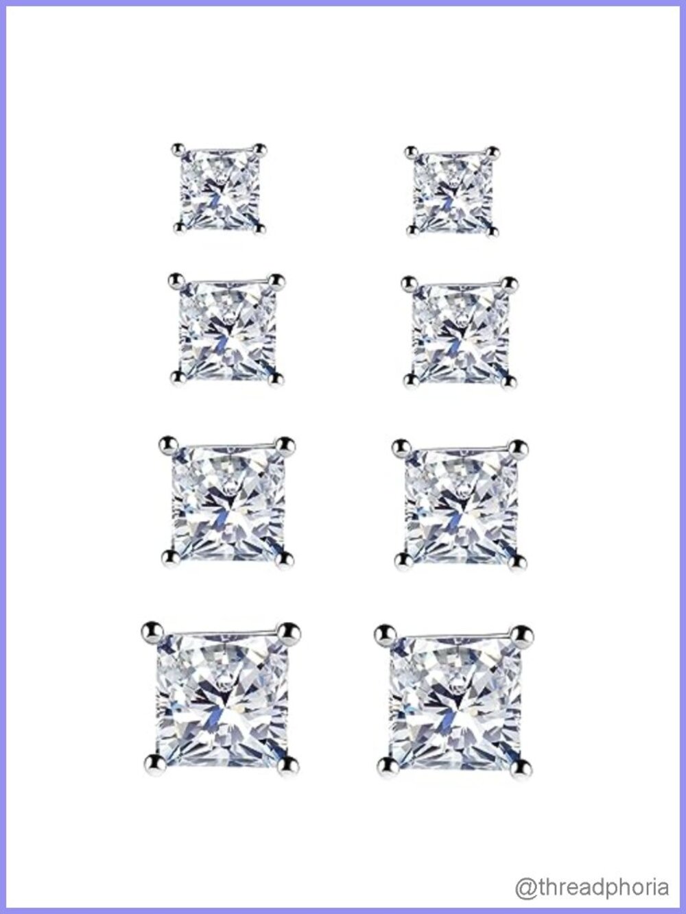 925 Sterling Silver Square Stud Earrings 4 Pairs 3 4 5 6mm Cubic Zirconia